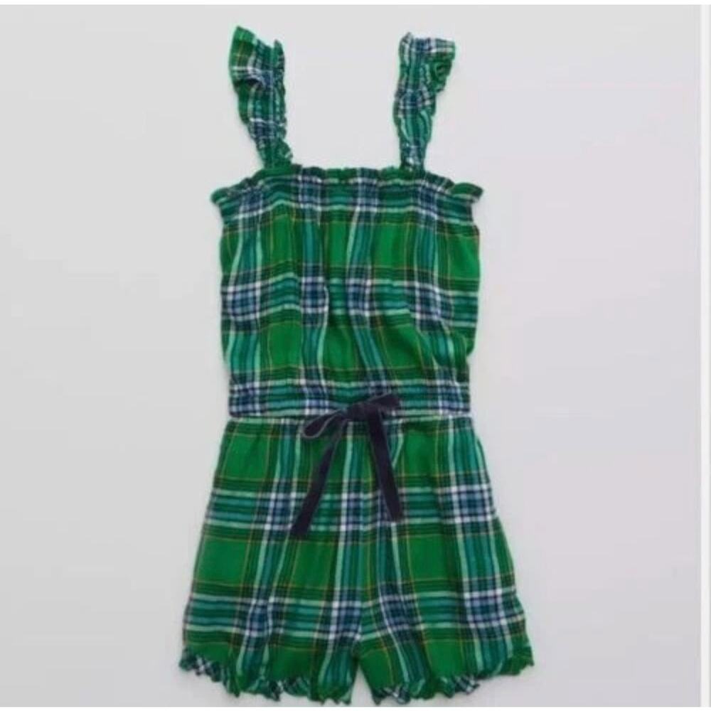 Aerie Plaid Flannel Ruffle One Piece Romper Pajamas Sleepwear Velvet Tie NWT XXS